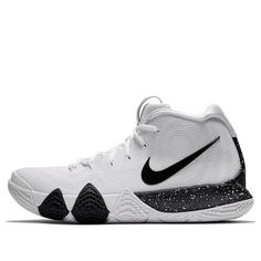 The Nike Kyrie 4 'White' is the perfect basketball shoe for athletes who want a sleek and versatile look. The white upper with black Swoosh is clean and classic, while the paint splatter pattern on the midsole adds a touch of personality. The curved midsole and outsole design improve transitions during lateral movements, making this shoe ideal for quick players who need to make quick cuts on the court. With its superior style and performance, the Nike Kyrie 4 'White' is a must-have for any serious basketball player. (SNKR/Oreo/Light/High Top/Basketball/Kyrie Irving) Nike Basketball Sneakers With Rubber Sole, White High-top Basketball Shoes With Abzorb Midsole, Modern High-top Sneakers For Sports With Speckled Midsole, Modern Basketball Shoes With White Sole For Sports, Modern Basketball Shoes For Sports, White High-top Basketball Shoes With Boost Midsole, White High-top Basketball Shoes With Rubber Sole, White Custom Lace-up Basketball Sneakers, Nike Basketball Shoes With Speckled Midsole And White Sole