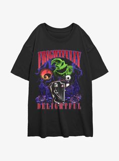 Make your style frightfully delightful. This oversized tee -- inspired by The Nightmare Before Christmas -- features Jack offering Sally a rose  while Oogie Boogie looks on.Oversized fit100% combed ring spun cottonWash cold; dry lowImportedListed in junior sizes Oogie Boogie, The Nightmare Before Christmas, Christmas Cartoons, The Nightmare, T Shirt Oversized, Disney Girls, Oversized T Shirt, Oversized Tee, Nightmare Before