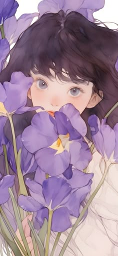 a girl is hiding behind some purple flowers