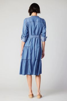 Chambray Buttondown Dress – CURRENT AIR Spring Knee-length Tiered Dress For Daywear, Knee-length Tiered Dress For Spring Daywear, Belted Knee-length Midi Dress For Brunch, Button-up Tie Waist Dress For Brunch, Spring Midi-length Belted Maxi Dress, Belted Midi Shirt Dress For Brunch, Casual Midi-length Shirt Dress For Brunch, Casual Spring Midi Dress With Belt, Casual Midi Dress With Tie Waist