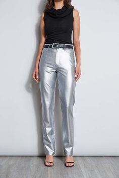 These will be the glam pants you can't get out of your head. Soft to the touch, you will fall in love with our Metallic Stretch Twill Pant. The jean styling & modern straight leg cut give it a cool vibe perfect for pairing with our luxe cashmere sweaters or crepe blazers. Elie Tahari Exclusive Silver Metallic Stretch Twill Pant 76% Polyester, 18% Viscose, 3% Elastane, 3% Polyurethane Runs true to size. Model is 5'9" and wearing size 2. Measurements: 11.5"L Front Rise, 32.5"L Inseam (approx. leng Get Out Of Your Head, Metallic Jeans, Crepe Blazer, Single Button Blazer, Twill Pants, Elie Tahari, Blazer Buttons, Pair Of Pants, Silk Shirt