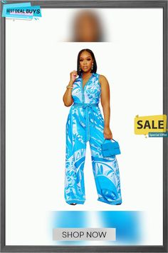 Women's Summer Print Sleeveless V Neck Wide Leg Jumpsuit Chic Blue Sleeveless Jumpsuits And Rompers, Blue Sleeveless Jumpsuits And Rompers For Summer, Blue Sleeveless Jumpsuit For Summer, Chic Sleeveless Jumpsuits And Rompers For Beach Season, Chic Sleeveless Jumpsuits For Beach Season, Sleeveless Jumpsuits And Rompers For Beach Vacation, Sleeveless Jumpsuits For Beach Season Party, Designer Jumpsuits, Summer Prints