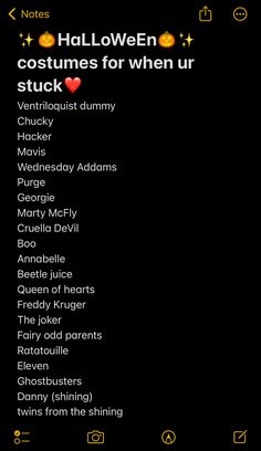 the halloween costume list is displayed in this screenshoter's phone screen shot