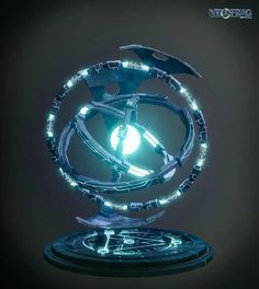 a futuristic looking object with glowing lights on it's sides and an arrow in the center