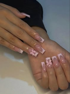 Long Nail French Tip, Med Nail Designs, Coquette Valentines Nails, Pretty Pink Nails Acrylic, Roblox Nails, Pink French Tip Nails With Design, Nails With Bow Charm, Short Pink Acrylic Nails, Pink Nail Sets