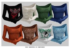 six different styles of pillows in various colors and sizes, all with the same design on them