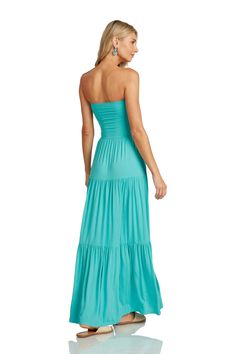 The most gorgeous, soft maxi dress will take you from beach to dinner to after party! Tiered layers of soft, stretchy cotton make for an easy, breezy look both coming and going. The bodice, supported by wire, flatteringly hugs your curves with braids and an elegant v-neck. Cotton Lycra stretch Blend, pull-on, machine wash, hang dry. Strapless Maxi Dress For Beach Party, Solid Color Flowy Dress For Beach Season, Flowy Solid Dress For Beach Season, Flowy Solid Color Dress For Beach Season, Solid Color Beachwear Dresses For Beach Party, Strapless Solid Sundress For Beach, Strapless Solid Sundress For The Beach, Strapless Ruched Maxi Dress In A Solid Color, Casual Strapless Maxi Dress For Beach Season