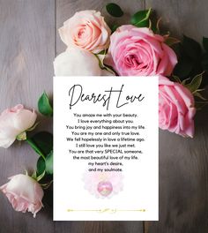 a card that says, dearest love with pink roses and greenery around it