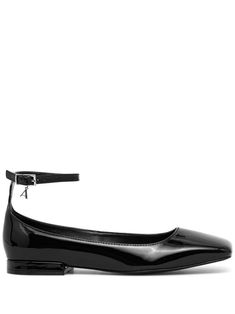 black calf leather patent finish buckle-fastening ankle strap logo charm square toe branded leather insole flat rubber sole Patent Leather Flats With Buckle Closure, Formal Patent Leather Flats With Ankle Strap, Elegant Patent Leather Flats With Ankle Strap, Elegant Ankle Strap Patent Leather Flats, Ballet Flats Black, Ankle Strap Flats, Chanel 2, Black Ballet Flats, Iconic Bags