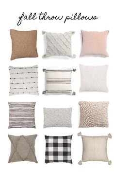 pillows that are all different colors and sizes with the words fall throw pillows on them