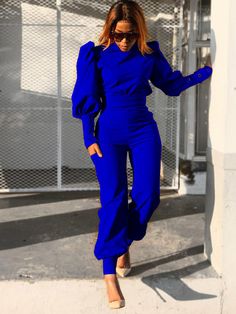 Two Piece Lantern Sleeves Top & Long Pants Fall Stretch Straight Pantsuit, Fall Stretch Pantsuit With Straight Pants, Stretch Straight Pantsuit For Fall, Solid Color Trousers Pantsuit For Fall, Blue Long Sleeve Pantsuit For Fall, Casual Pantsuit For Fall Night Out, Casual Fall Pantsuit For Night Out, Fall Casual High-waisted Pantsuit, Stretch Long Sleeve Pantsuit For Fall