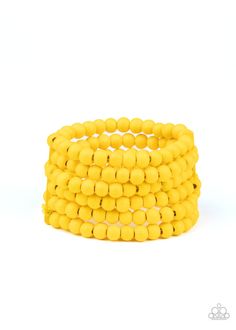 Held in place with rectangular wooden fittings, a collection of sunny yellow wooden beads are threaded along stretchy bands around the wrist, creating colorful layers. Sold as one individual bracelet. Yellow Things, Paparazzi Consultant, Yellow Bracelet, Wood Bracelet, Sunny Yellow, Summer Necklace, Paparazzi Accessories, Stretchy Bracelets, Paparazzi Jewelry