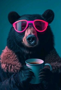 a black bear wearing pink glasses and holding a cup of coffee in its paws,