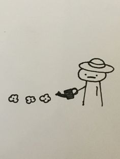 a drawing of a person watering flowers