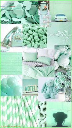 a collage of green and white items including sheets, pillows, blankets, and other things