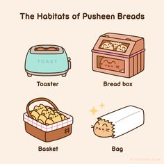 the habitats of pushen breads are shown in this cartoon style, including toaster, bread box and bread basket