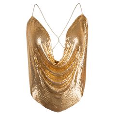 Gold metal draped top with diamond chains on the back.Non stretchy material.The designer personally fits each piece on a figure to ensure it falls perfectly, that's why this piece could take more time on production.100% metal (chainmail) Dry clean Glamorous Gold Body Chain For Night Out, Fitted Gold Body Chain For Night Out, Party Tops With Chain Strap, Glamorous Body Chain For Night Out, Glamorous Fitted Body Chain For Evening, Glamorous Fitted Body Chain For Evening Events, Luxury Gold Tops For Evening, Luxury Gold Top For Evening, Gold Tops Outfit