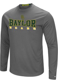 Keep cool while showing your Baylor Bears spirit in this Charcoal Landry T-Shirt. This Long Sleeve is the perfect Tee for working out, heading to class, or cheering on the Bears. Featuring a rubberized screen print of BU logo over "Baylor Bears" on front chest, there's no mistaking your Baylor Bears pride in this Bears Landry T-Shirt! Gray Team Name Tops For Fan Gear, Gray Fan Apparel Tops For Sports Events, Collegiate Gray Tops For Sports Season, Gray Collegiate Tops For Sports Events, Collegiate Gray Tops For Sports Events, Collegiate Style Gray Tops For Sports Season, Gray Screen Print Tops For College, Gray Letter Print Tops For Fan Gear, Gray Text Print Fan Apparel Top