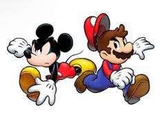 two cartoon mickey and minnie mouse characters are flying through the air with their hands in each other's pockets