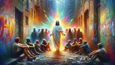 jesus is surrounded by people in an alleyway with colorful paint all over the walls