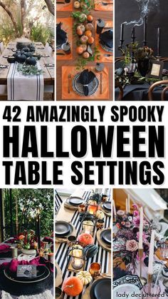 42 Amazingly Spooky Halloween Table Settings Halloween Table Decorations Party, Halloween Party Adults, Halloween Food For Adults, Adults Halloween Party, Halloween Party Table Decorations, Halloween Party Aesthetic, Dinner Party Settings, Food Table Decorations, Party Games Halloween