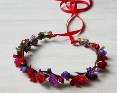 Red Bridal Hair, Festival Flower Crown, Romantic Hair Accessories, Wedding Hair Flower Crown, Red Flower Crown