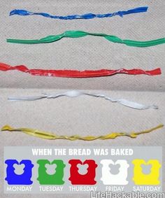 My grandad had this memorized and made us look for specific colored twist ties when we shopped with him. It drove us crazy at the time, but he always had fresh bread. I sure do miss that man. Bread Ties, Fresh Bread, Cool Whip, Useful Life Hacks, Household Hacks, Things To Know