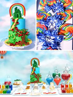 a collage of photos with candy and cakes on it, including a rainbow cake in the shape of a tree