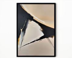 an abstract painting with black, white and gold colors