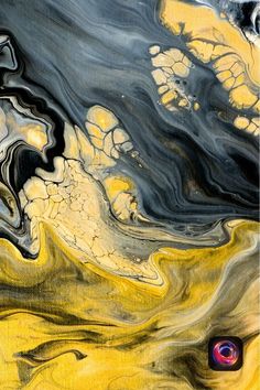 an abstract painting with black, yellow and white colors on it's surface is shown