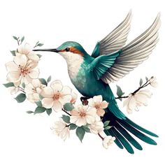 a bird sitting on top of a branch with flowers in it's beak and wings