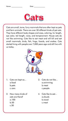 an animal worksheet with the words cats in red and white, on top of it