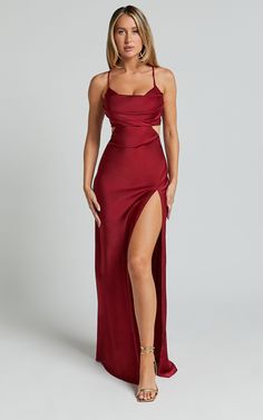 Sophie Midi Dress - Cowl Neck Cross Back Dress in Red Split Maxi Dress For Gala During Prom Season, Fitted Split Evening Gown, Fitted Split Gown For Gala, Floor-length Split Design Dress For Night Out, Fitted Gown With Side Slits For Prom Season, Floor-length Party Dresses With Boning, Floor-length Prom Dress With Boning, Fitted Gown With Side Slits, Fitted Evening Dress With Side Slits For Prom