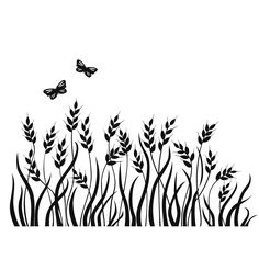 black and white illustration of grass with butterflies