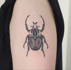 a black beetle tattoo on the left upper arm