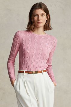 Preppy Mode, Pink Cable Knit Sweater, Pink Polo, Cotton Jumper, Estilo Preppy, Winter Mode, Ralph Lauren Sweater