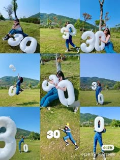 a collage of photos with the number 30 and balloons in the shape of numbers