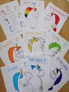 five different unicorns are shown with french words and pictures on the front, side, and back of them