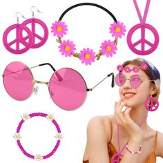 PRICES MAY VARY. 【70s Accessories Women】:You will receive 6 pieces hippie accessories,including 1 pieces of hippie headband,1 pack of hippie glasses,1 pieces of peace sign necklace,1 pair of peace sign earrings and 1 pieces of hippie bracelet.A complete, colourful and vibrant hippie decor to help you create a complete hippie look, show off your hippie sensibilities and enjoy the party! 【Stylish and Gorgeous】:These hippie accessories are vintage and stylish, hippie headbands make you look very sp 60s 70s Outfits, Hippie Glasses, 70s Accessories, 70s Earrings, Hippie Sunglasses, Peace Sign Earrings, Beaded Daisy, Hippie Accessories, Hippie Headbands