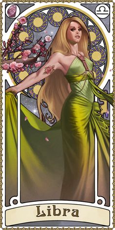 a tarot card with a woman in a green dress and flowers on the side