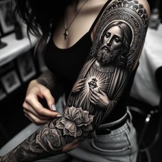 #DivineInkFemme
#PatronSaintStyle
#JudasInkGrace
#EmpoweredInkWomen
#SaintlyTattooChic
#FeminineFaithInk
#InkDevotion
#JudasInkGoddess
#SacredFemmeArt
#WomenWithInkFaith
#BlessedTattooSoul Woman Chest Tattoo, San Judas Tattoo, Family Sleeve Tattoo, Forearm Cover Up Tattoos, Michael Tattoo, Lock Tattoo, White Tattoos, Christian Sleeve Tattoo, Cross Tattoos For Women