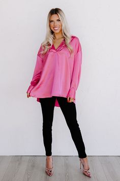 – Simple and stunning for a sweet night out – Lightweight, soft textured material – V-cut, collared neckline – Long, loose sleeves with button closure cuffs – Relaxed, flattering silhouette that ends in a straight upper-thigh hemline Chic Pink V-neck Blouse, Oversized Long Sleeve Pink Blouse, Chic Pink Blouse For Fall, Chic Pink Fall Blouse, Pink V-neck Blouse For Night Out, Pink Long Sleeve Blouse For Fall, Long Sleeve Pink Blouse For Fall, Chic Solid Pink Top, Chic Pink Solid Color Top