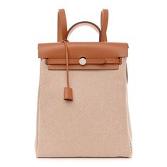 This is an authentic HERMES Vache Hunter Criss Viking Herbag a Dos Retourne Backpack in Ecru, Beige, and Naturel. This functional Hermes backpack is crafted of beige canvas with a brown vache calfskin leather top crest. It features a brown leather top handle and a removable backpack strap. There is a palladium front lock for the strap closure that opens to a spacious matching interior with a removable pouch. Hermes Backpack, Brown Leather Top, Orange Backpacks, Orange Poppy, Hermes Bags, Backpack Straps, Black Backpack, School Backpacks, Leather Top