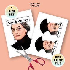 two pictures of susan b anthony and her name are shown on the side of this pair of cut - outs