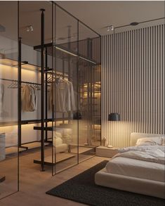 an image of a bedroom setting with closets and clothes on display in the room