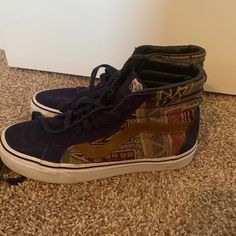 Blue Skate High Vans With Vintage Pattern On Side. Worn Only A Handful Of Times. In Almost Brand New Condition. Vintage Vans Shoes, High Vans, Sk8 Hi Vans, Van Color, Vintage Vans, Sk8 Hi, Vans High Top Sneaker, Vans Sk8, Womens Vans