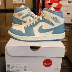 Welcome To The Hypestockpile Poshmark Closet! All Our Products Are 100% Authentic. Item Details: Brand: Nike Air Jordan Item Name: Air Jordan 1 Mid Unc Color: Sail/Worn Blue-Sail Style Code: Bq6472 141 Year Of Release: 2022 Condition: Brand New With Original Box (Unworn/Deadstock) And Tags If Applicable Size: Please Use The Scroll Down Bar To Check For All Sizes Available! Shipping: Free Shipping! All Orders Purchased Before 1:00 Pm Et. Qualify For Same Business Day Shipping! We Always Double-Bo Air Jordans University Blue, Nike Jordans Costom Blue 100$, Jordan 1 Mid Unc, Air Jordan 1 Mid Unc, Univerity Blue Jordan 1, Blue High-top Synthetic Jordan Shoes, Jordan Iii, Jordan 1 Blue, Jordan 4 White