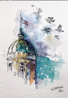 a watercolor painting of a building with birds flying over it and the sky in the background