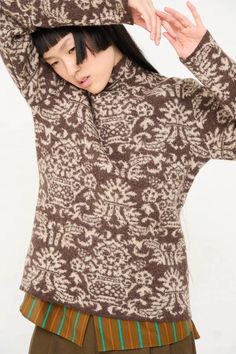 Cristaseya - Wool Felted Jacquard Turtleneck Sweater in Mocha and Cream • Oroboro Store • Luxury Boutique • New York, NY Brown Wool Jacquard Knit Outerwear, Brown High Neck Turtleneck, Wool Jacquard Knit Turtleneck Sweater, Brown Nordic Jacquard Knit Sweater, Nordic Brown Jacquard Knit Sweater, Mocha Cream, Textile Wall Hangings, Black Crane, Wool Turtleneck