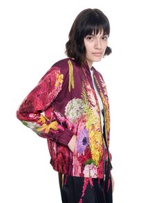 Jen Bomber Jacket | Wild Bouquet | thekitnyc – THE KIT. Relaxed Fit Track Jacket For Workwear In Spring, Casual Silk Outerwear For Work, Casual Long Sleeve Silk Outerwear, Wild Bouquet, The Kit, Twill Jacket, Summer Favorites, Skirt Jumpsuit, Casual Fit